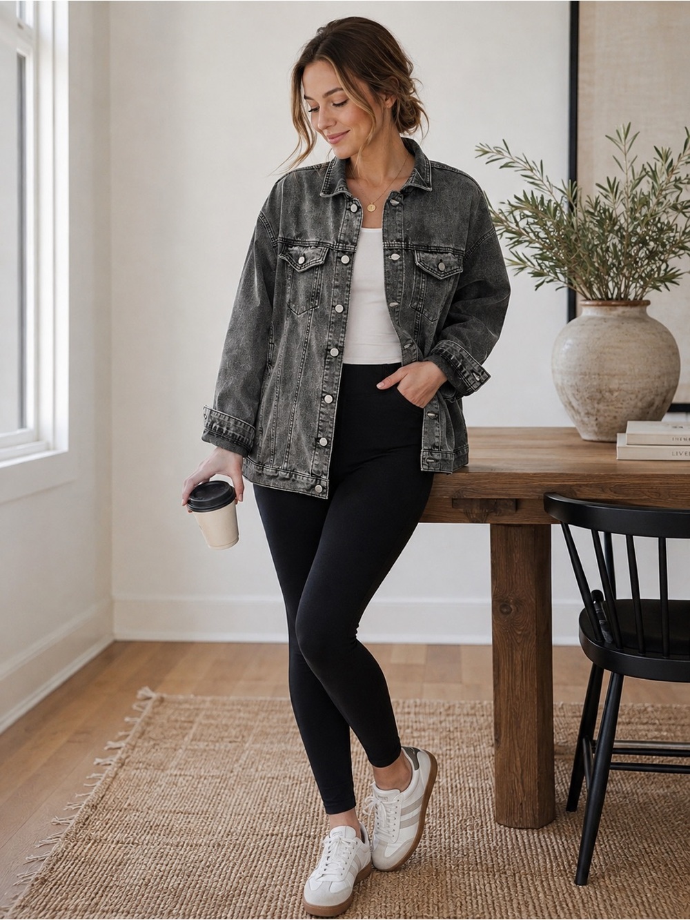 OMOONE Gray Washed Denim Jacket Snap Front Oversized Cotton Blend Size S
